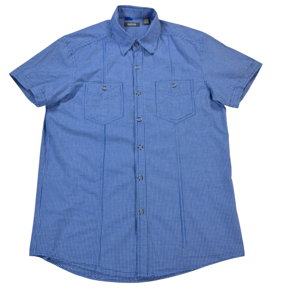 Kenneth Cole Reaction Shirt Mens Medium Blue Check Button Up Short Sleeve